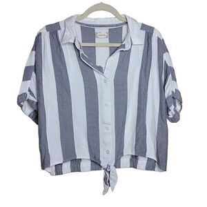 Sandy & Sid Button Front Cropped Stripe Short Sleeve Blouse Gray White Large
